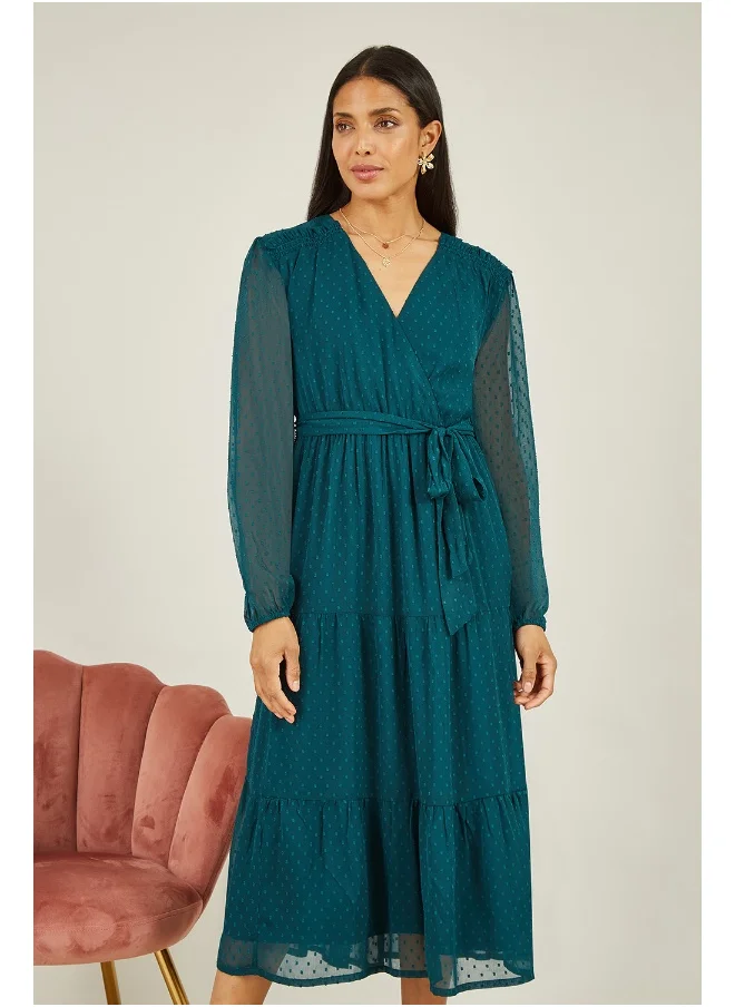 يامي Recycled Dobby Spot Long Sleeve Midi Wrap Dress