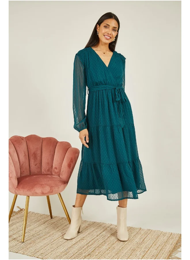 يامي Recycled Dobby Spot Long Sleeve Midi Wrap Dress