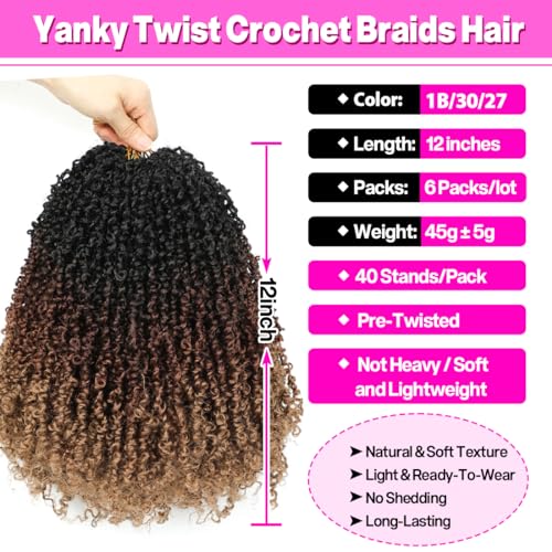 Youngther 12 Inch Yanky twist crochet hair 6 Pack Pre-Twisted Fluffy Short yaki Twist crochet hair for black women Soft crochet hair pre looped for senegalese twist hair extension(1b/30/27) - Image 3