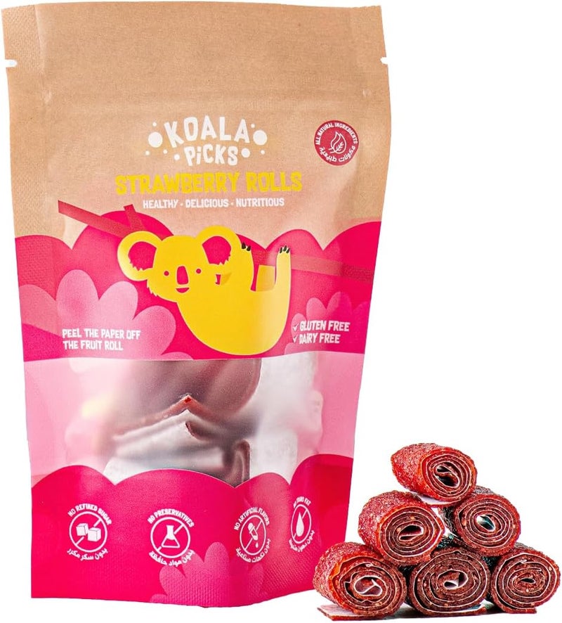KOALA Picks لفائف الفراولة 6 قطع من كوالا بيكس - بدون مواد حافظة - وجبة خفيفة صحية وطبيعية لحقائب غداء الأطفال والبالغين - مصنوعة من الفراولة والتفاح والعسل - مكافأة مغذية لحقائب الغداء - Image 1