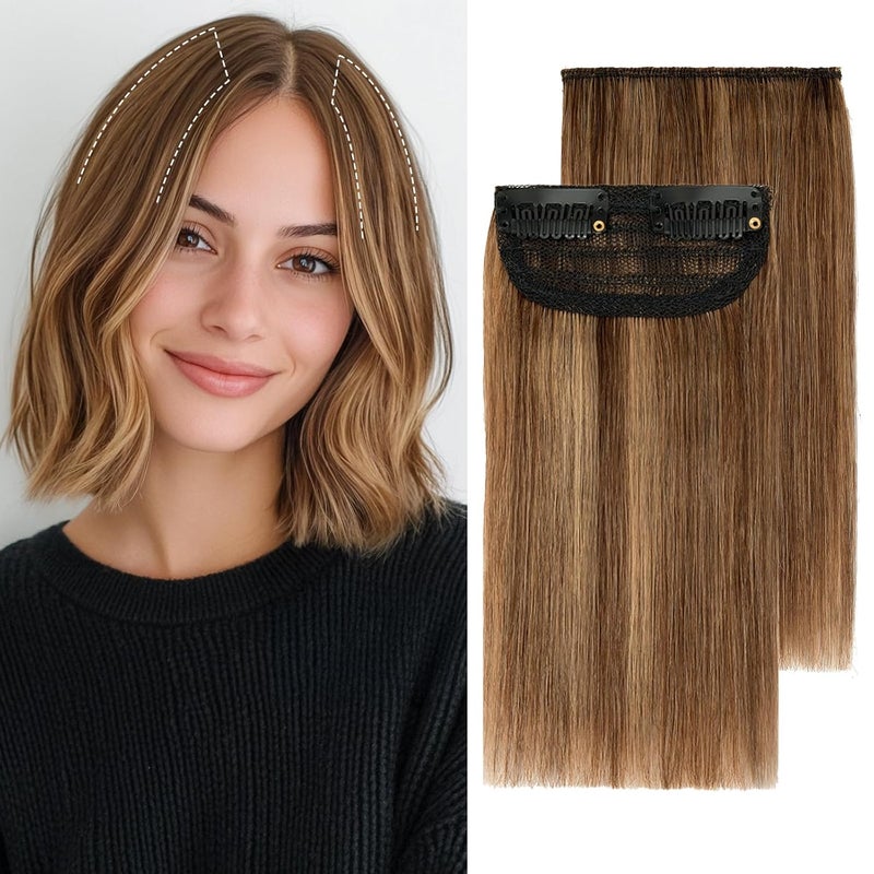 Snoilite Hair Extensions for Short Hair Clip in Human Hair 2PCS 2 Clips Balayage Clip in Hairpieces Remy Hair For Women with Thinning Hair Add Hair Volume 4 Inch Medium BrownDark Blonde