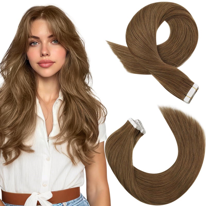 Moresoo Tape in Hair Extensions Human Hair 18 Inch Chestnut Brown Hair Extensions for Women 20Pcs 50G Thick Hair Extensions Tape in Real Hair Color 8 Remy Human Hair Straight