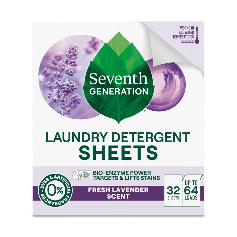 Seventh Generation Laundry Detergent Sheets, Up to 64 Loads, Fresh Lavender Scent, Removes Tough Stains, 0% Dyes and Artificial Fragrances, Safer for your family - Image 1