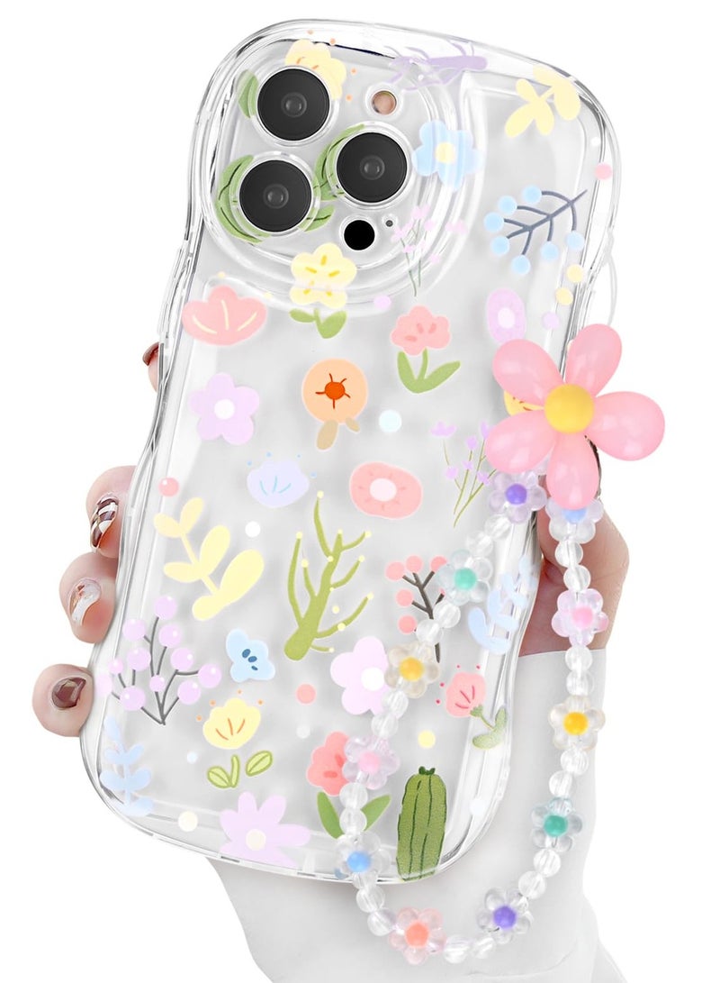SOLARAE iPhone 15 Pro Max Case, Cute Colorful Flower Curly Wave Clear Case with Lovely Flower Bracelet Chain for Women Girls Soft TPU Shockproof Protective Case Cover for iPhone 15 Pro Max - Image 1