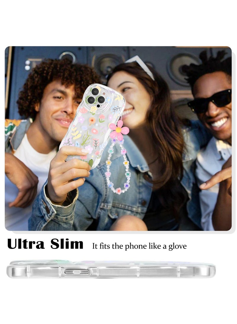 SOLARAE iPhone 15 Pro Max Case, Cute Colorful Flower Curly Wave Clear Case with Lovely Flower Bracelet Chain for Women Girls Soft TPU Shockproof Protective Case Cover for iPhone 15 Pro Max - Image 2