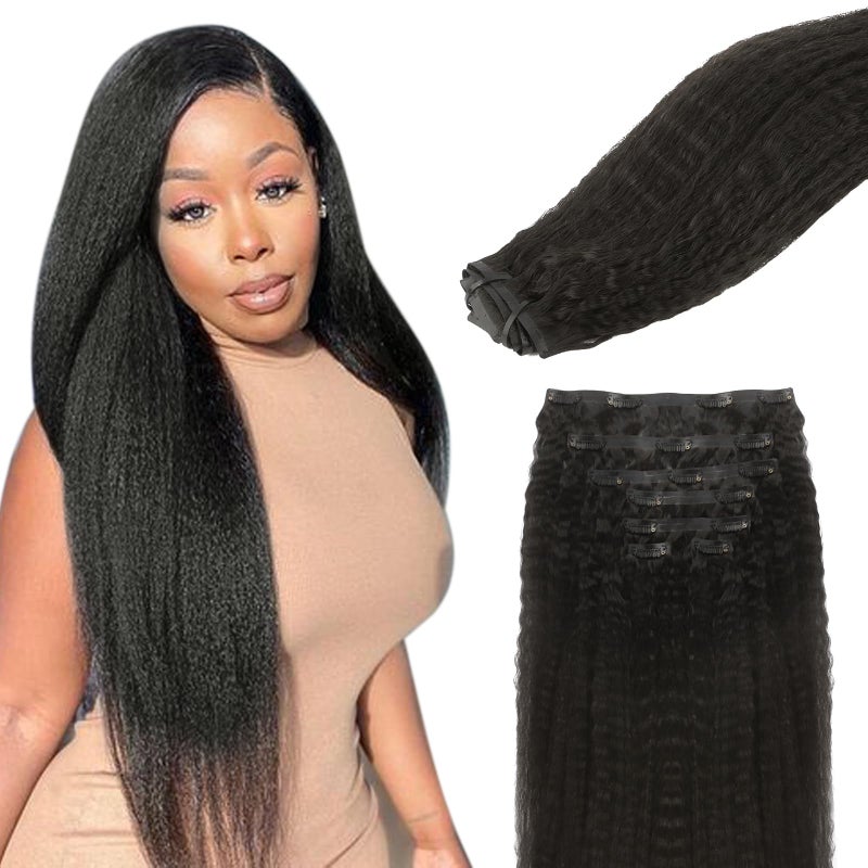 Lashey Human Hair Extensions Clip in Hair Extensions 100% Remy Human Hair Kinky Straight 110g Seamless Clip in Hair Extensions for Black Women 22 Inch Natural Black Human Hair - Image 1