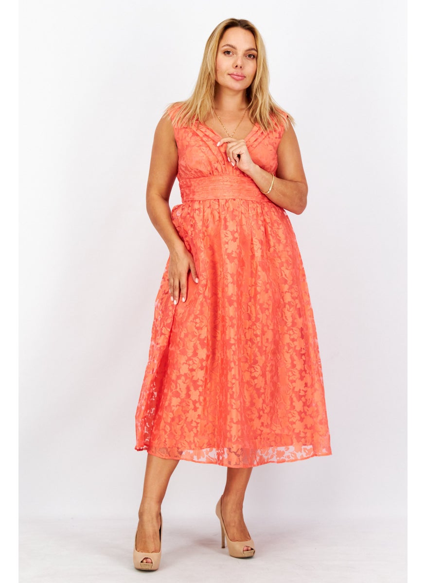 ESPRIT Women Floral Pleated Lace Maxi Dress, Scarlet  - Image 1