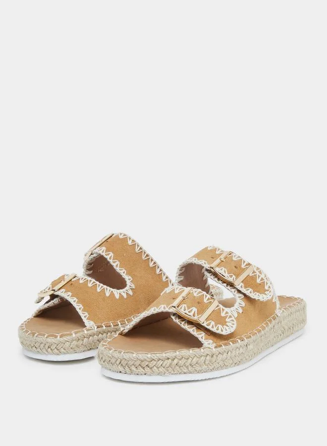 Styli Styli Brown Stitch Buckle Accent Espadrilles