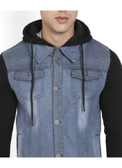 Campus Sutra Men's Blue & Black Light-Wash Denim Jacket With Sweatshirt Sleeve  - Image 1