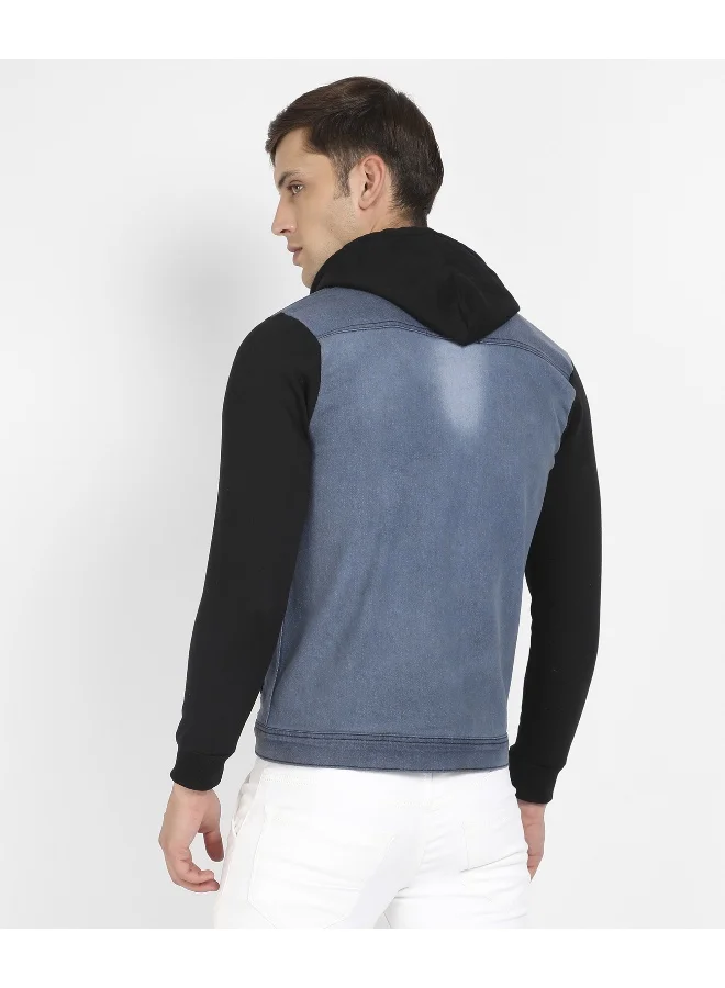 Campus Sutra Men's Blue & Black Light-Wash Denim Jacket With Sweatshirt Sleeve