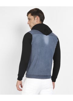 Campus Sutra Men's Blue & Black Light-Wash Denim Jacket With Sweatshirt Sleeve  - Image 4