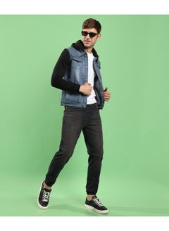 Campus Sutra Men's Blue & Black Light-Wash Denim Jacket With Sweatshirt Sleeve  - Image 3