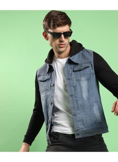 Campus Sutra Men's Blue & Black Light-Wash Denim Jacket With Sweatshirt Sleeve  - Image 2