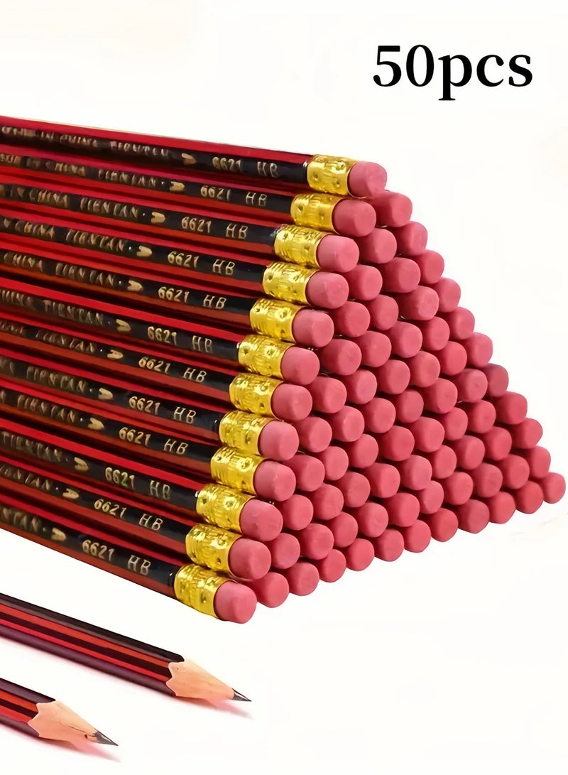 Generic 50pcs HB Pencil Set with Erasers - Fine 0.3mm for Writing/Sketching, Red & Black Design, Durable & Comfortable  - Image 1