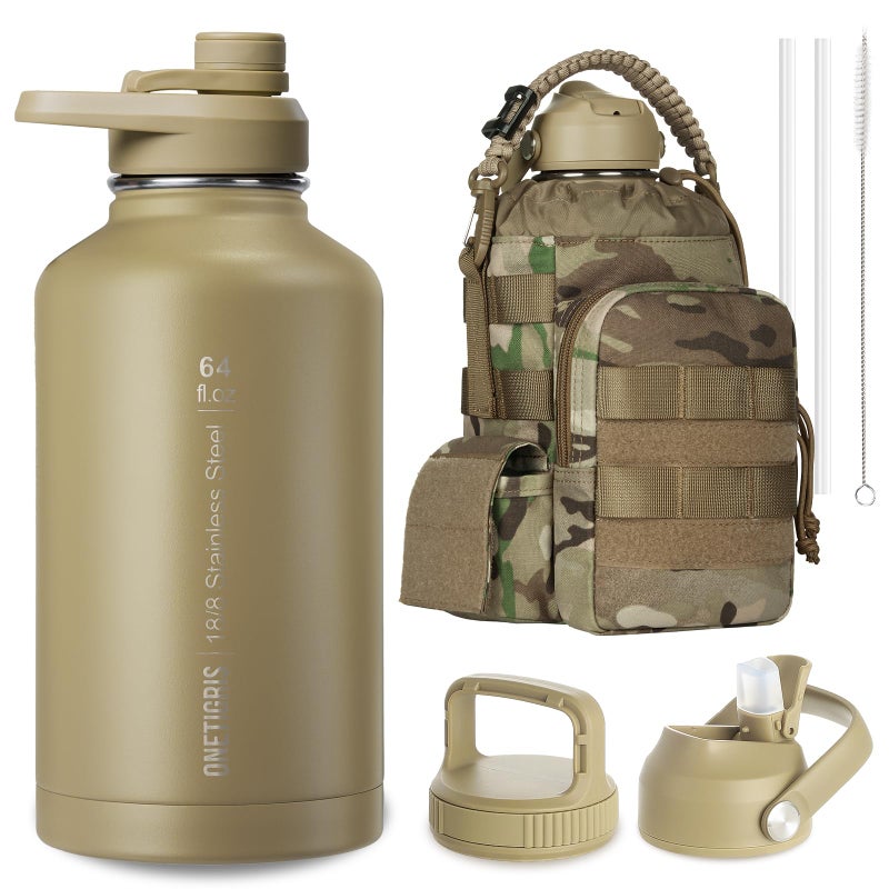 ONETIGRIS Tactical Half Gallon Water Bottle with Straw - 64 oz Vacuum Insulated Stainless Steel Water Jug, Leakproof Sport Bottle with 3 BPA Free Lids, Paracord Handle & MOLLE Water Pouch for Outdoor - Image 1