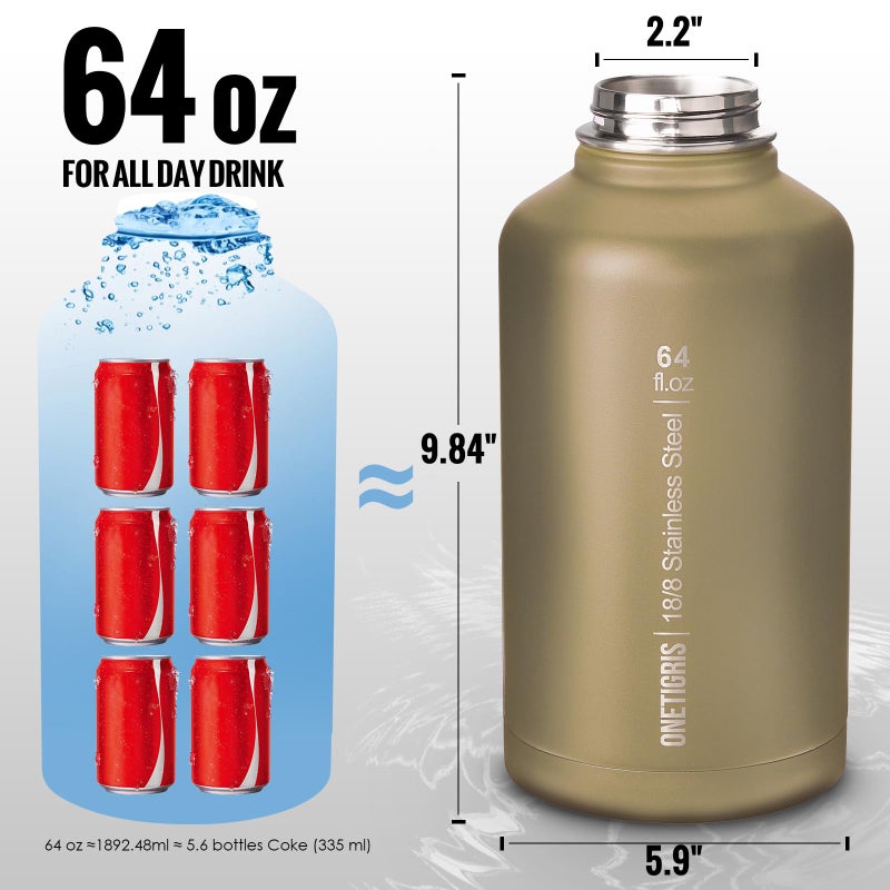 ONETIGRIS Tactical Half Gallon Water Bottle with Straw - 64 oz Vacuum Insulated Stainless Steel Water Jug, Leakproof Sport Bottle with 3 BPA Free Lids, Paracord Handle & MOLLE Water Pouch for Outdoor - Image 4