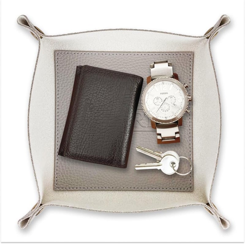 LeArt Leather Valet Tray - Small & Compact Catchall Tray | Desk, Bedside, Home Entrance Entryway Organizer | Leather Tray for Keys, Coins, Stationary, Jewellery (Stone Grey) - Image 1
