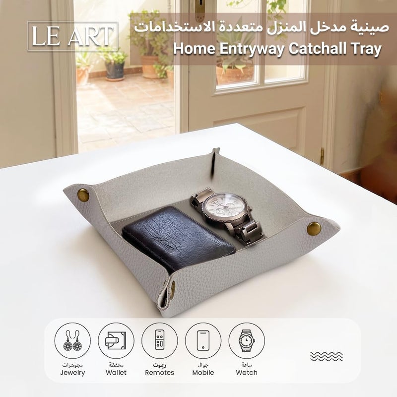 LeArt Leather Valet Tray - Small & Compact Catchall Tray | Desk, Bedside, Home Entrance Entryway Organizer | Leather Tray for Keys, Coins, Stationary, Jewellery (Stone Grey) - Image 3