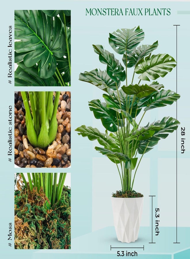 Der Rose 28" Fake Plants Large Artificial Monstera Faux Potted Plants Indoor with White Pot for Home Office Living Room Decor - Image 4