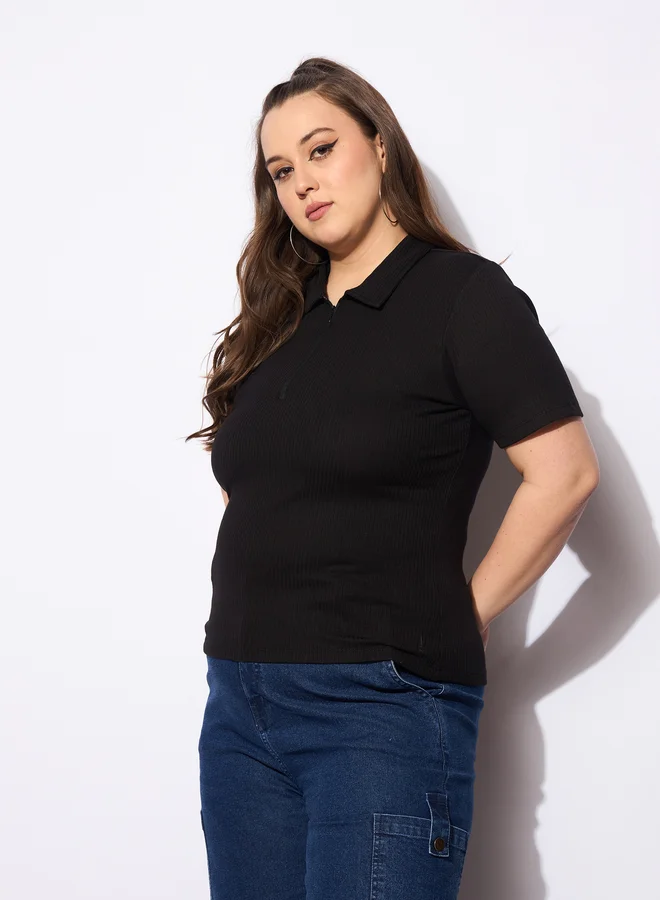 SASSAFRAS Plus Size Rib Front Zipper Polo Neck Top