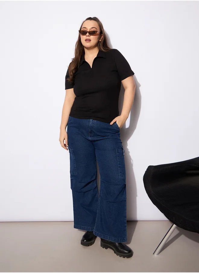 ساسافراس Plus Size Rib Front Zipper Polo Neck Top