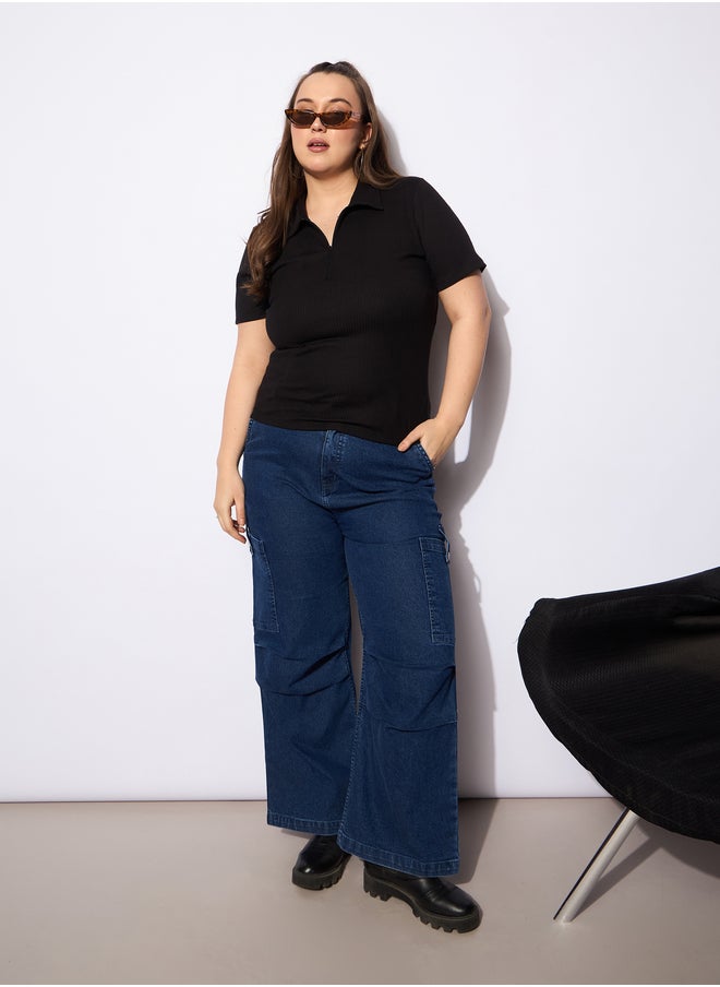 SASSAFRAS Plus Size Rib Front Zipper Polo Neck Top  - Image 2