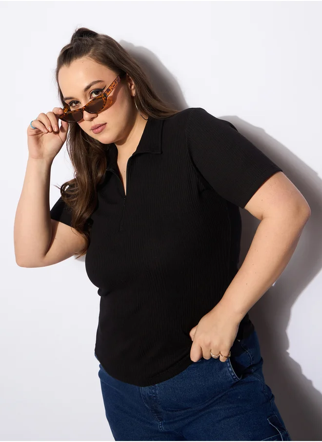 ساسافراس Plus Size Rib Front Zipper Polo Neck Top