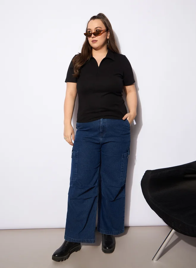 SASSAFRAS Plus Size Rib Front Zipper Polo Neck Top