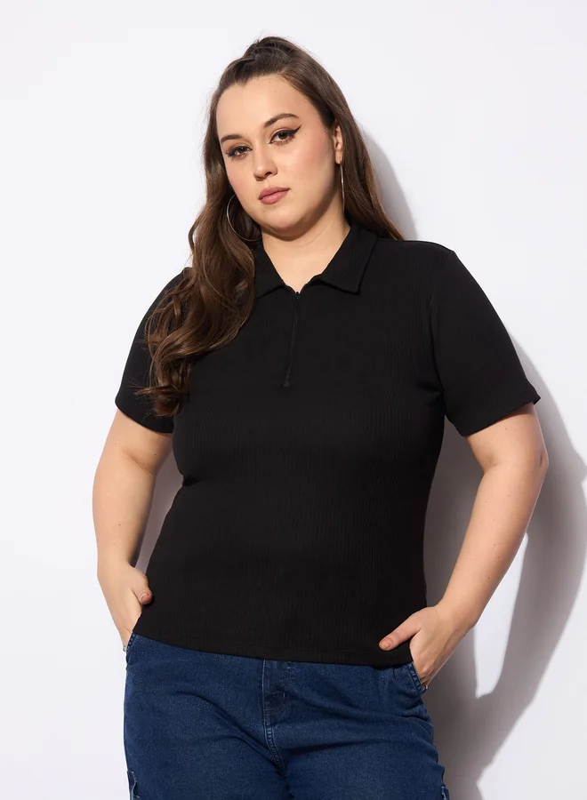 SASSAFRAS Plus Size Rib Front Zipper Polo Neck Top