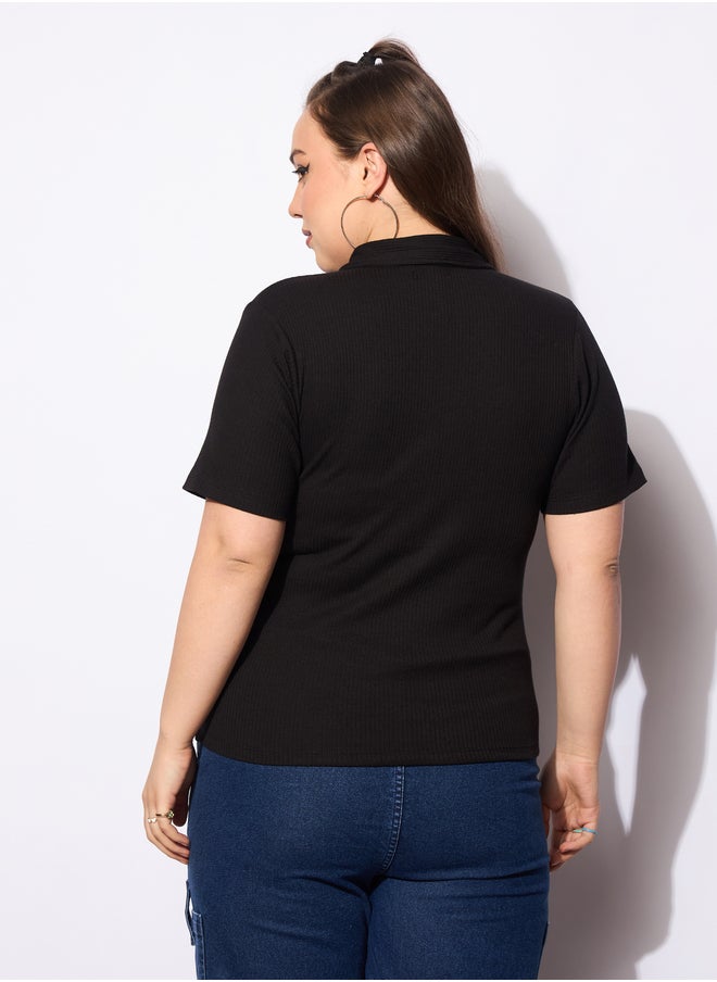 SASSAFRAS Plus Size Rib Front Zipper Polo Neck Top  - Image 5