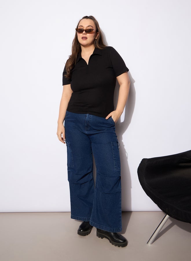SASSAFRAS Plus Size Rib Front Zipper Polo Neck Top - Image 2