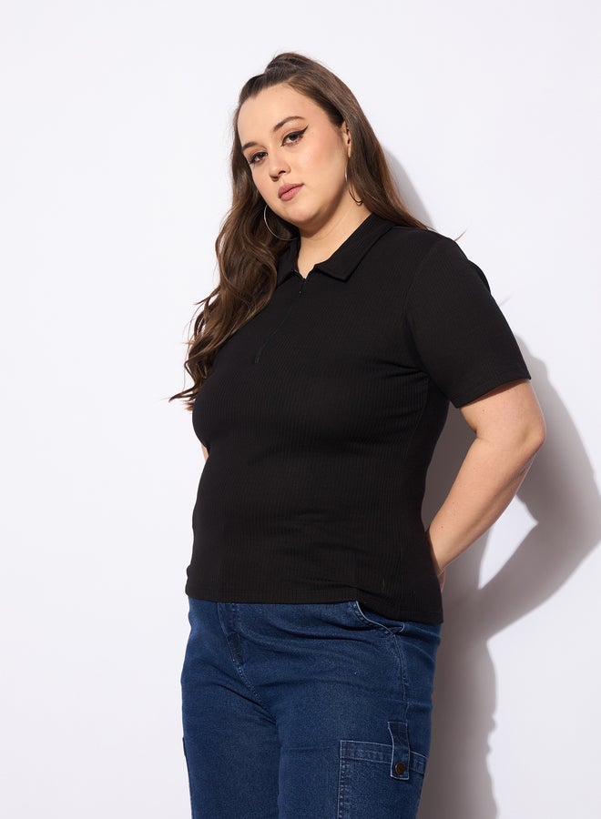 SASSAFRAS Plus Size Rib Front Zipper Polo Neck Top - Image 1
