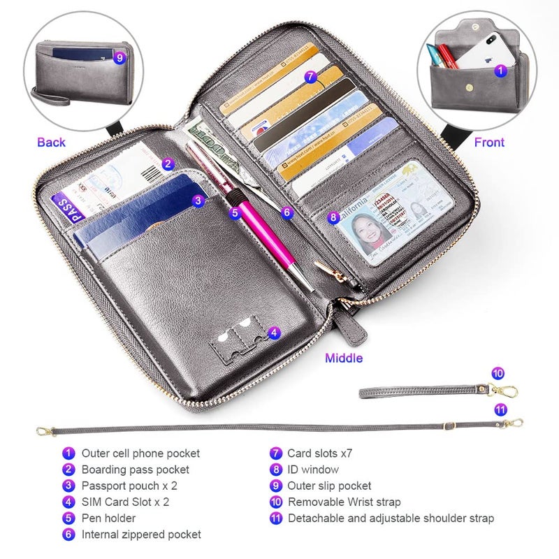 Nuoku nuoku Passport Holder, RFID Blocking Passport Wallet with Zipper 2 Straps, Travel Document Organizer for Family (Gray)  - Image 3