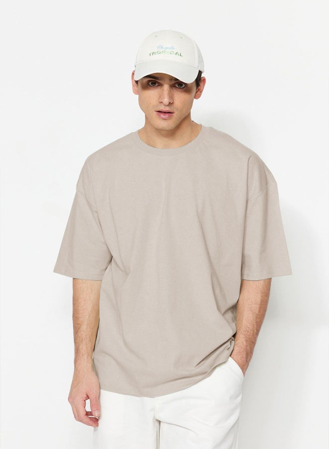 trendyol Stone Oversize/Wide Cut 100% Cotton Short Sleeve Basic T-Shirt - Image 3