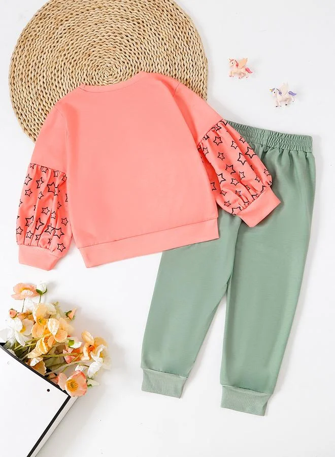 تايك تو Take Two Girl's Graphic Print Long Sleeve T-shirt With Pants Set