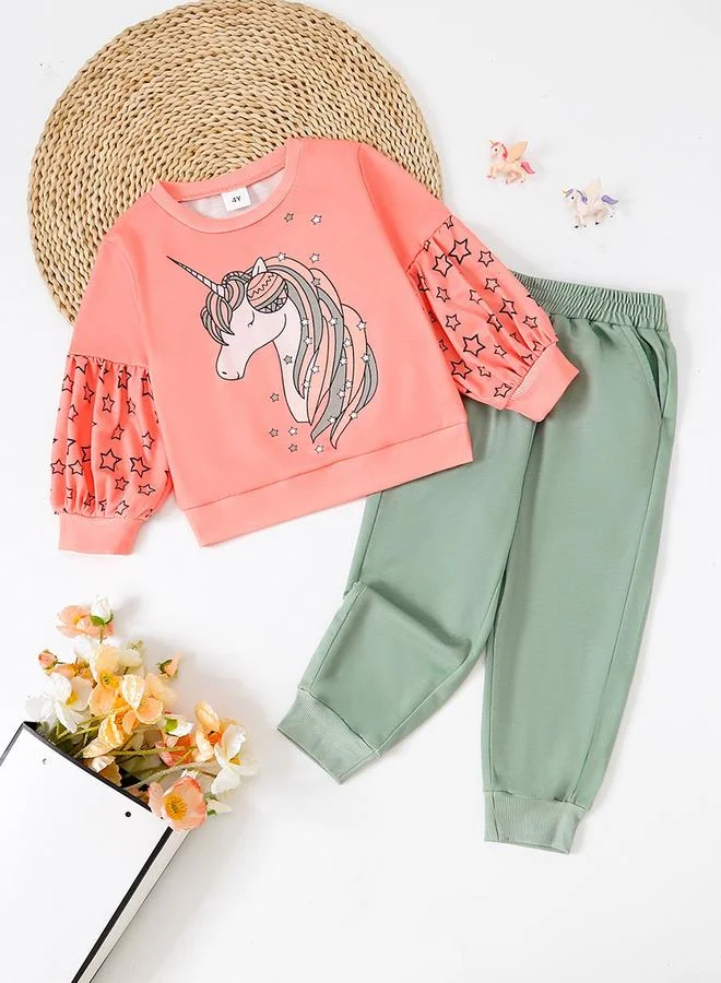 تايك تو Take Two Girl's Graphic Print Long Sleeve T-shirt With Pants Set
