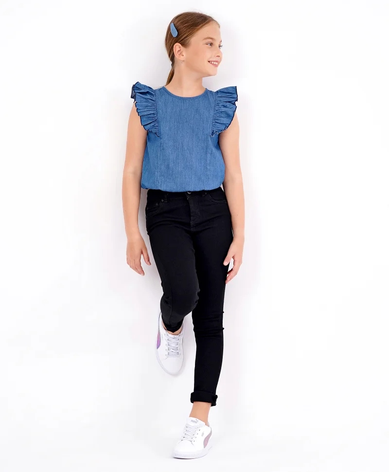 Primo Gino Primo Gino Denim Top with Elasticated Bottom Hem - Blue