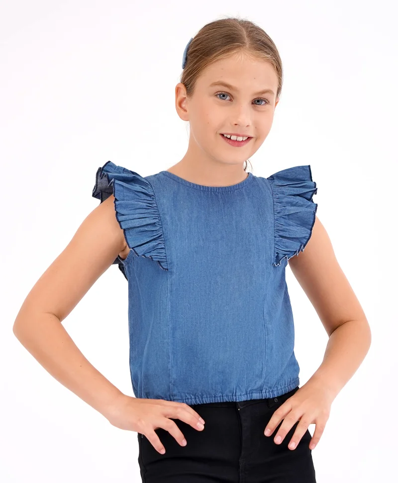 Primo Gino Primo Gino Denim Top with Elasticated Bottom Hem - Blue