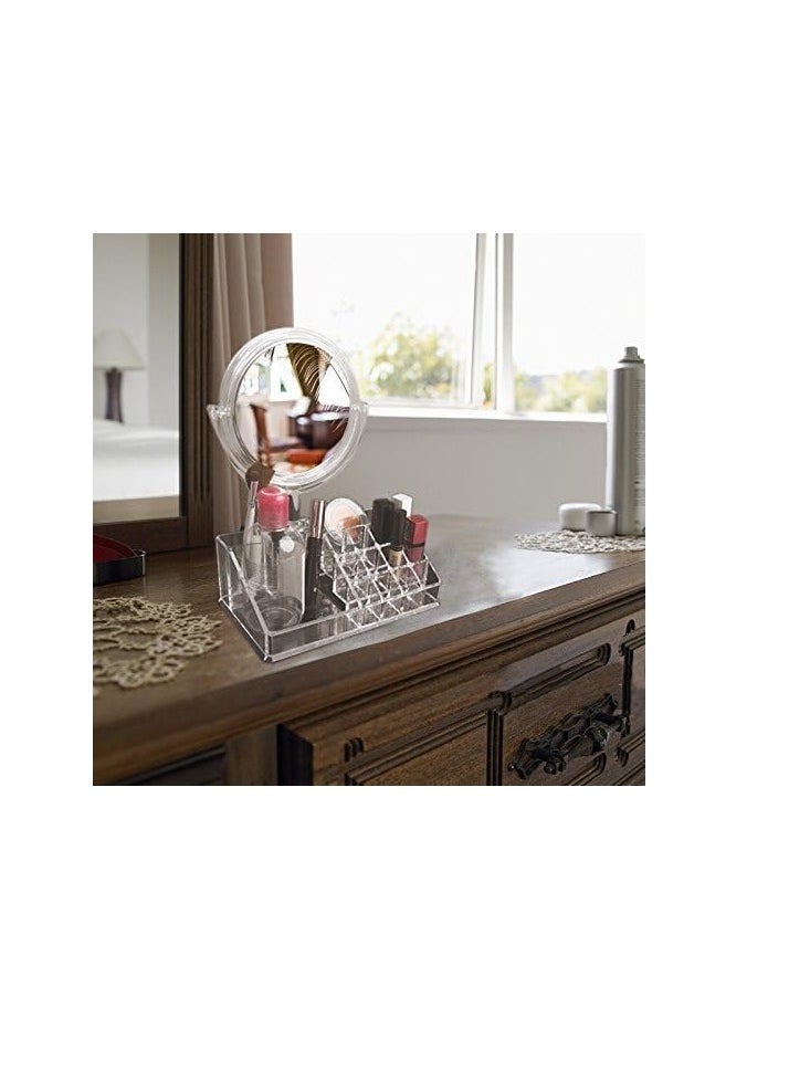 Generic - Makeup Organizer with 5X Magnifying Mirror Acrylic Vanity Mirror Tabletop Cosmetic Lipstick Organizer and Brush Holder for Bedroom and Bathroom - Image 1