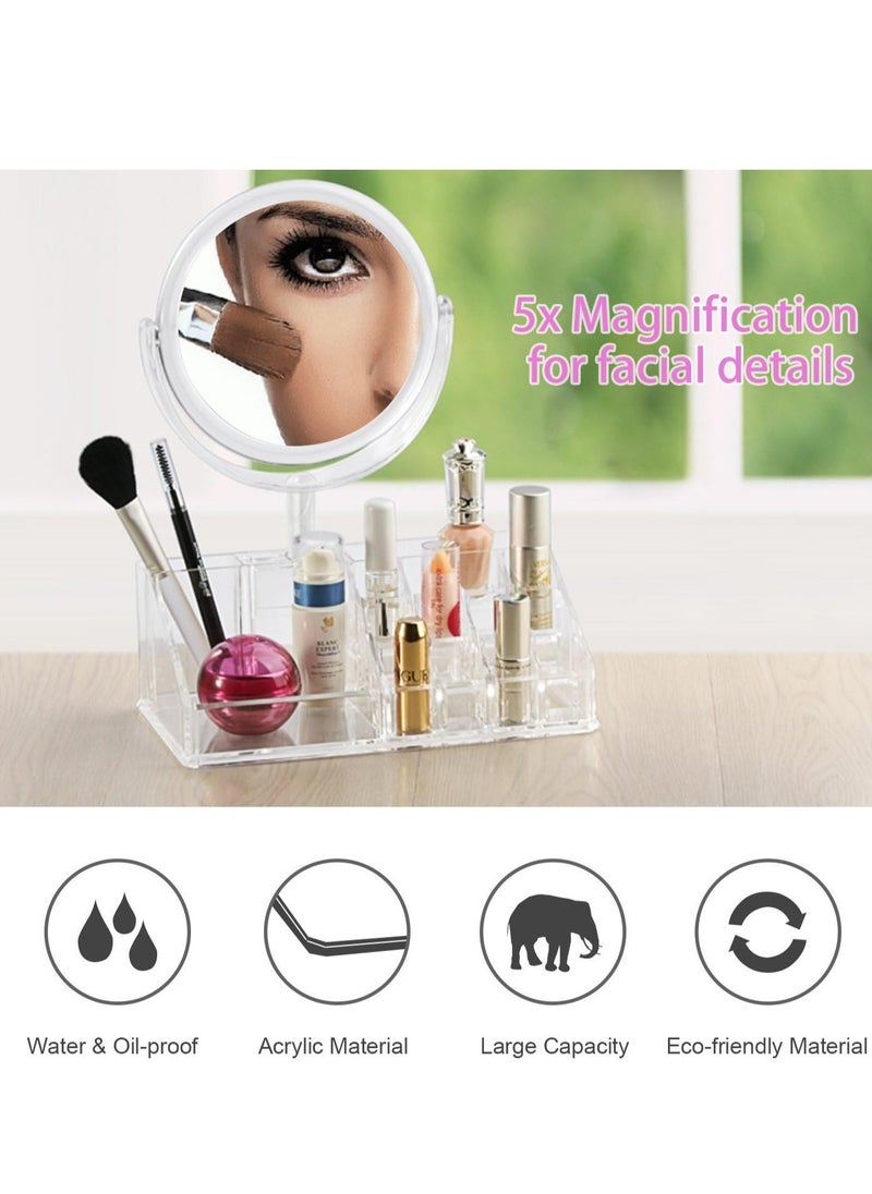 Generic - Makeup Organizer with 5X Magnifying Mirror Acrylic Vanity Mirror Tabletop Cosmetic Lipstick Organizer and Brush Holder for Bedroom and Bathroom - Image 1