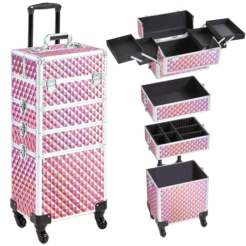 Yaheetech 4 in 1 Professional Makeup Train CaseRolling Cosmetic TrolleyMakeup Case OrganizerMakeup Travel Case with 4 Detachable Swivel Wheels Glitter Pink