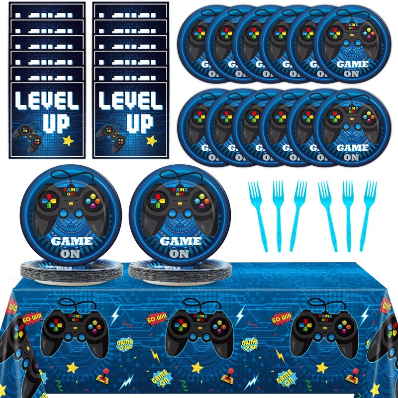 GISGFIM Video Game Party Supplies  Blue Gamer Tableware Set for 20 Guests  Includes 7 Plates Napkins Tablecloth