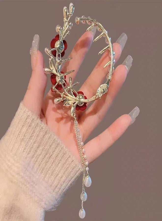 مشبك شعر أنيق بتصميم عتيق على شكل وردة حمراء من أشكاش - مشبك كعكة من سبائك الزنك مع شرابة من اللؤلؤ الصناعي - إكسسوار شعر على طراز الأميرات للنساء والفتيات - Image 2
