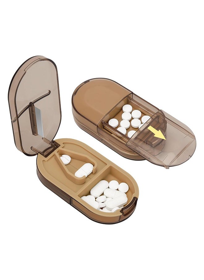 HY Pill Cutter, Portable Pill Splitter 2-in-1 Pill Case with Stainless Steel Blade, for Vitamins Tablets, Cut Pills in 1/2, 1/4 with Mini Pill Organizer Compartment – Transparent Brown  - Image 1