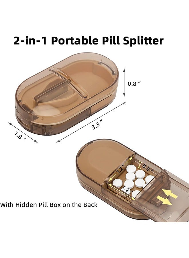 HY Pill Cutter, Portable Pill Splitter 2-in-1 Pill Case with Stainless Steel Blade, for Vitamins Tablets, Cut Pills in 1/2, 1/4 with Mini Pill Organizer Compartment – Transparent Brown  - Image 2