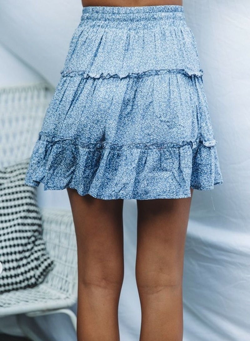 Loquat Women's Summer Boho Dot Patterned Mini Skirt High Waist Drawstring Tiered Skirts Sky Blue  - Image 2