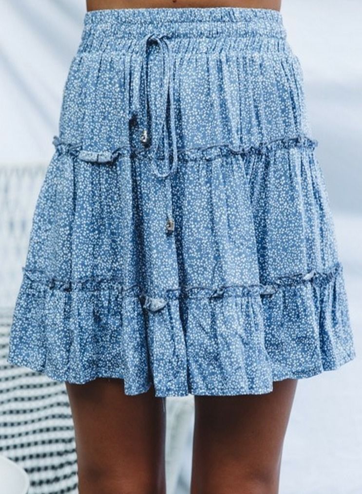Loquat Women's Summer Boho Dot Patterned Mini Skirt High Waist Drawstring Tiered Skirts Sky Blue  - Image 1