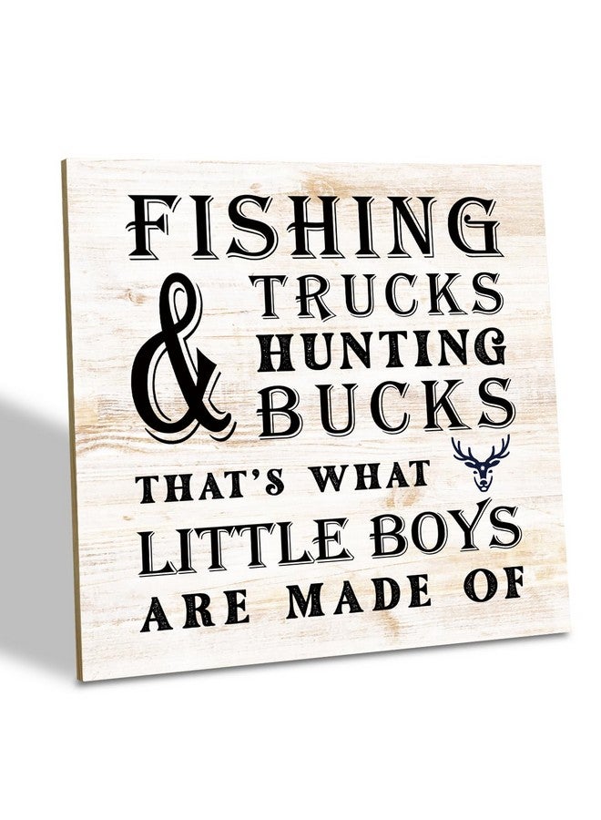 SUSZDOU Wood Plaque Table Art Sign, 6.2*6.2inch - Nursery Table Decor for Baby Boys, Sportsman Wood Sign, Fishing Trucks Hunting Bucks: That's What Little Boys are Made Of - Image 1