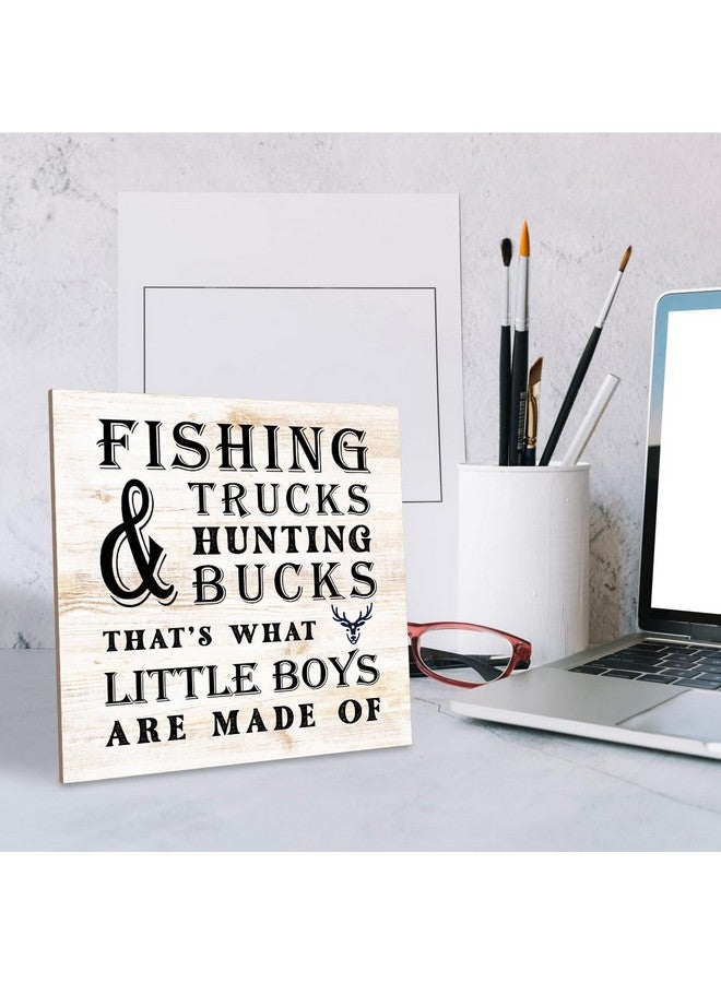 SUSZDOU Wood Plaque Table Art Sign, 6.2*6.2inch - Nursery Table Decor for Baby Boys, Sportsman Wood Sign, Fishing Trucks Hunting Bucks: That's What Little Boys are Made Of - Image 4