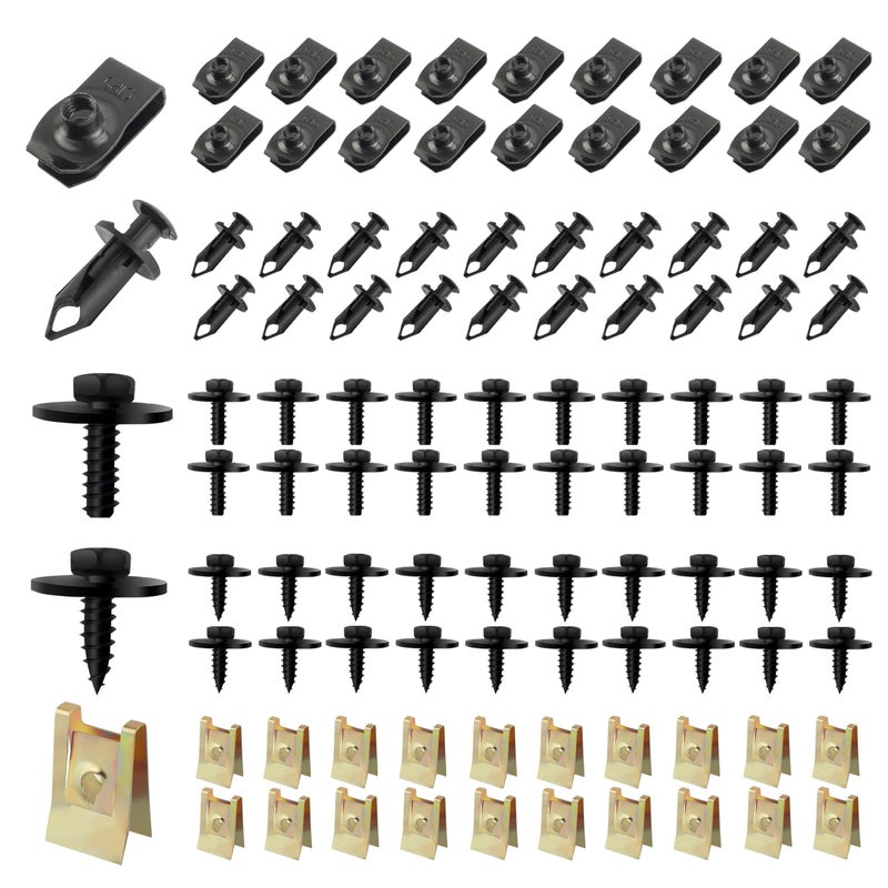 CXCCOI 100 قطعة من مشابك السيارة لتثبيت واقي المحرك السفلي وواقي الصدام، تشمل مشابك U، مشابك لولبية، مثبتات معدنية، براغي، مشابك تثبيت السيارة، مجموعة مثبتات دفع عالمية للسيارات - Image 1